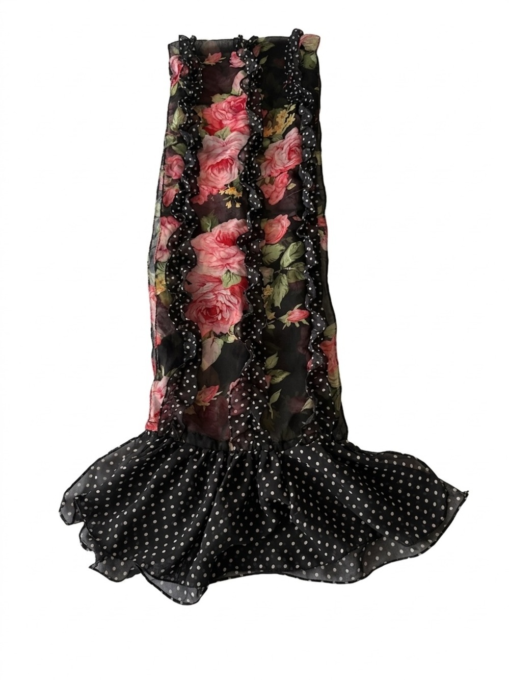 Coquette Floral and Polka Dot Ruffled Chiffon Scarf - Black/Pink/White